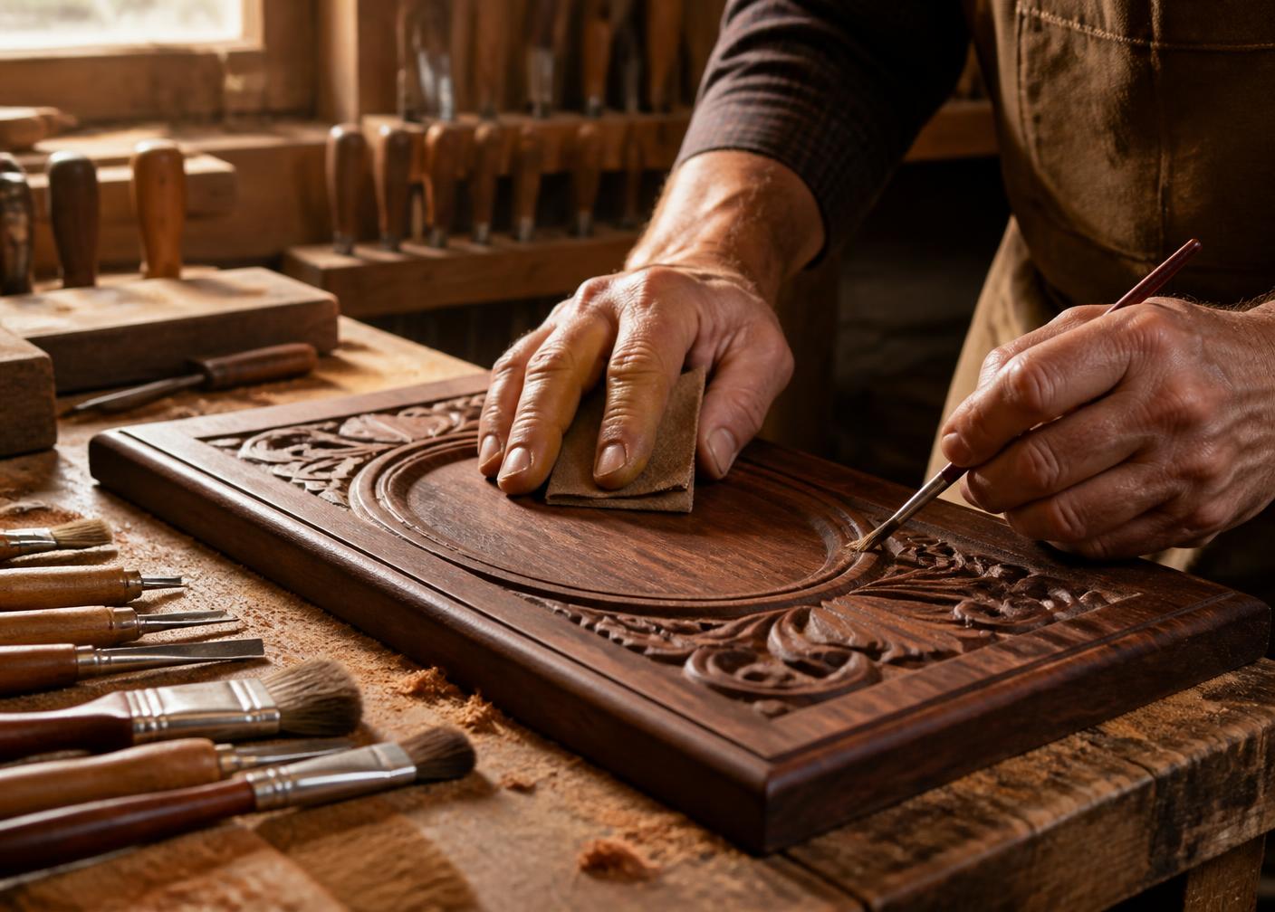 An artisan hand-detailing a carved wooden plaque in the workshop