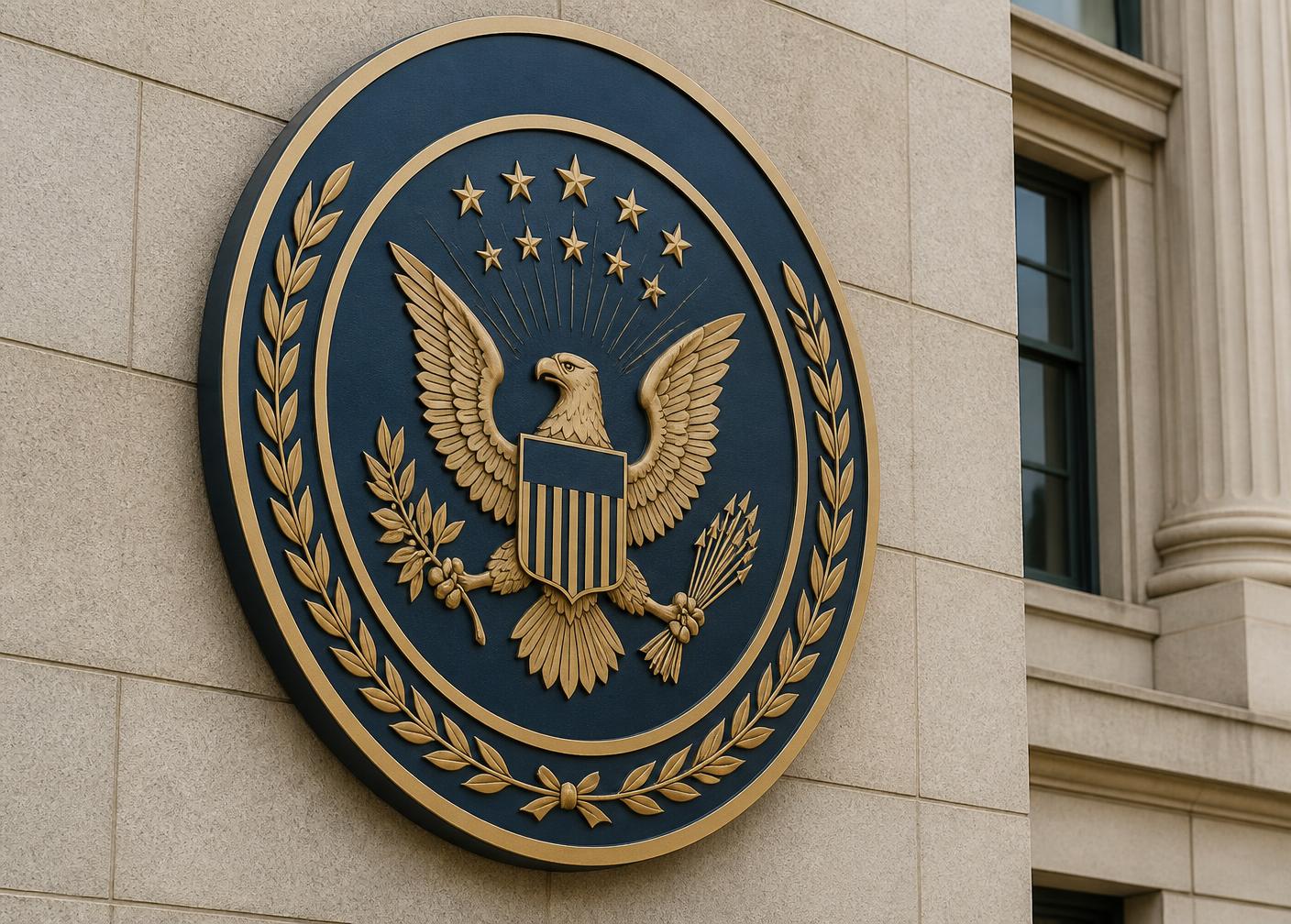 Cast federal agency seal mounted on a government building exterior
