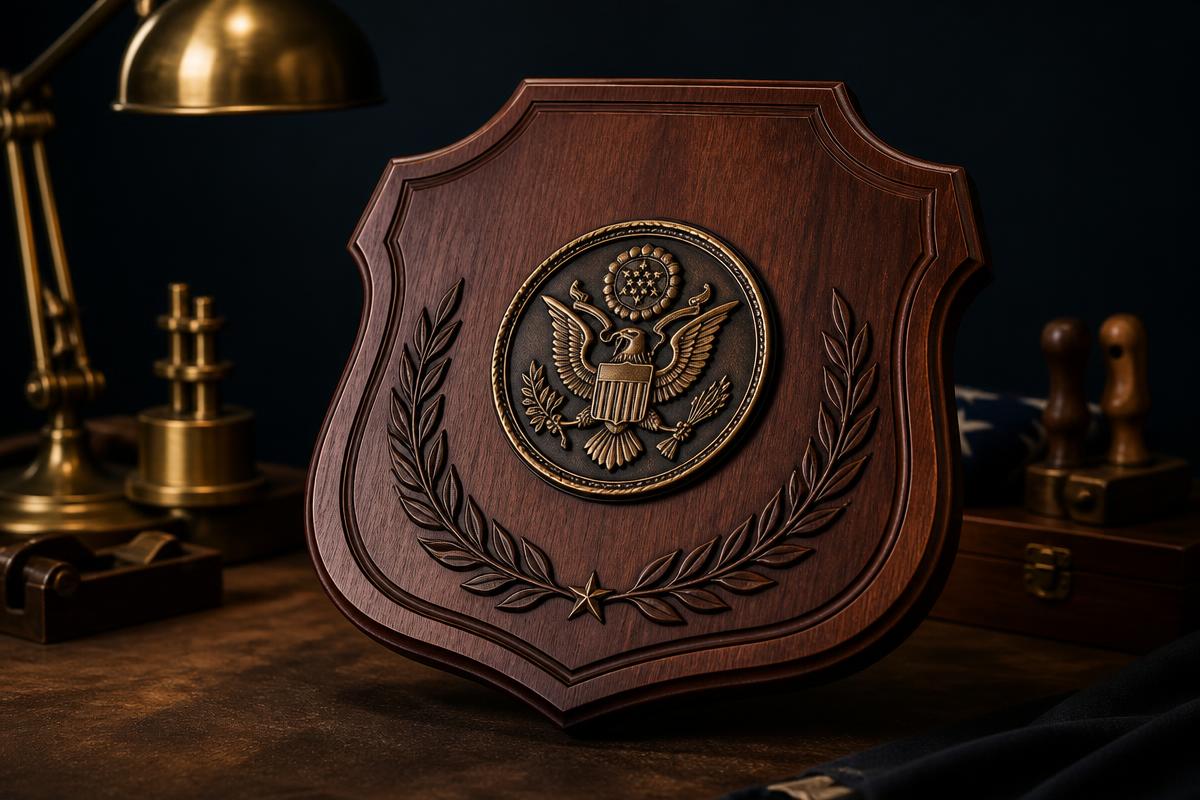 Carved mahogany presentation plaque with a cast bronze seal on a workbench